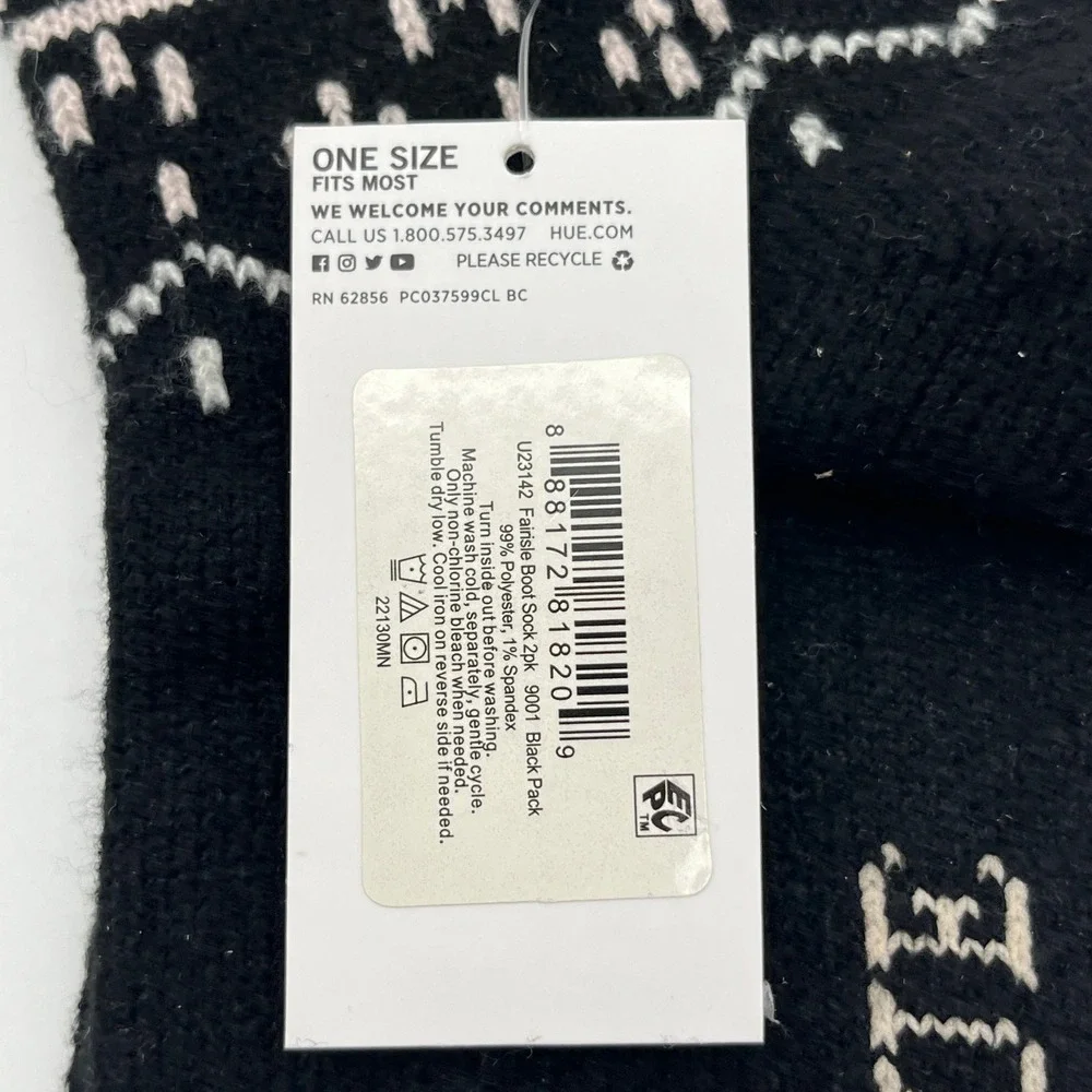 HUE Crew Boot Socks Womens OS Black Fairisle 2pk U23142 So Soft Comfort Top